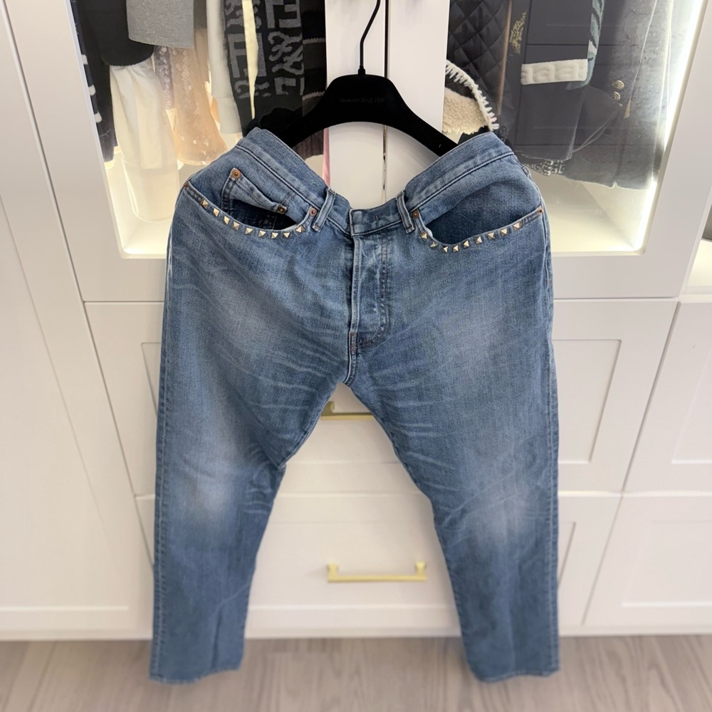Valentino Light Blue Slim-Straight Fit Jeans with Stud Accents